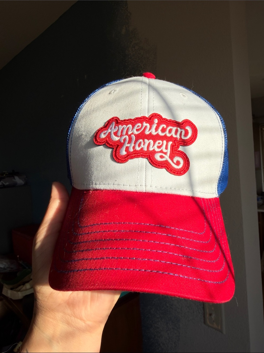 American Honey Red, White & Blue Trucker Hat with Script Patch